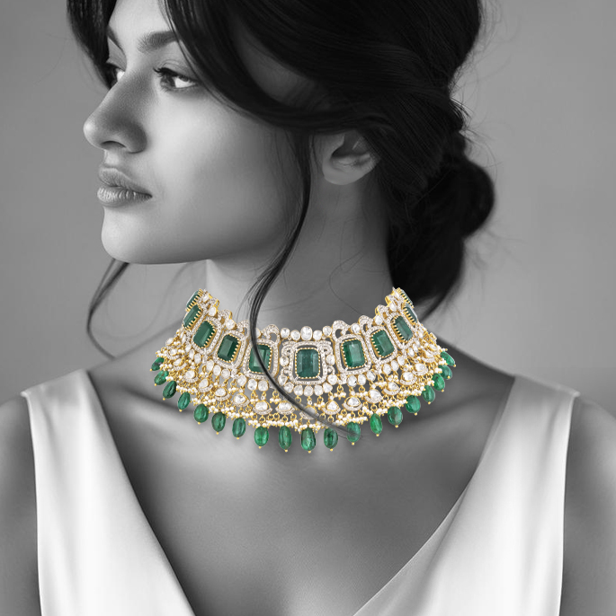 Emerald Colourstones Polki Choker with Emerald Maniya
